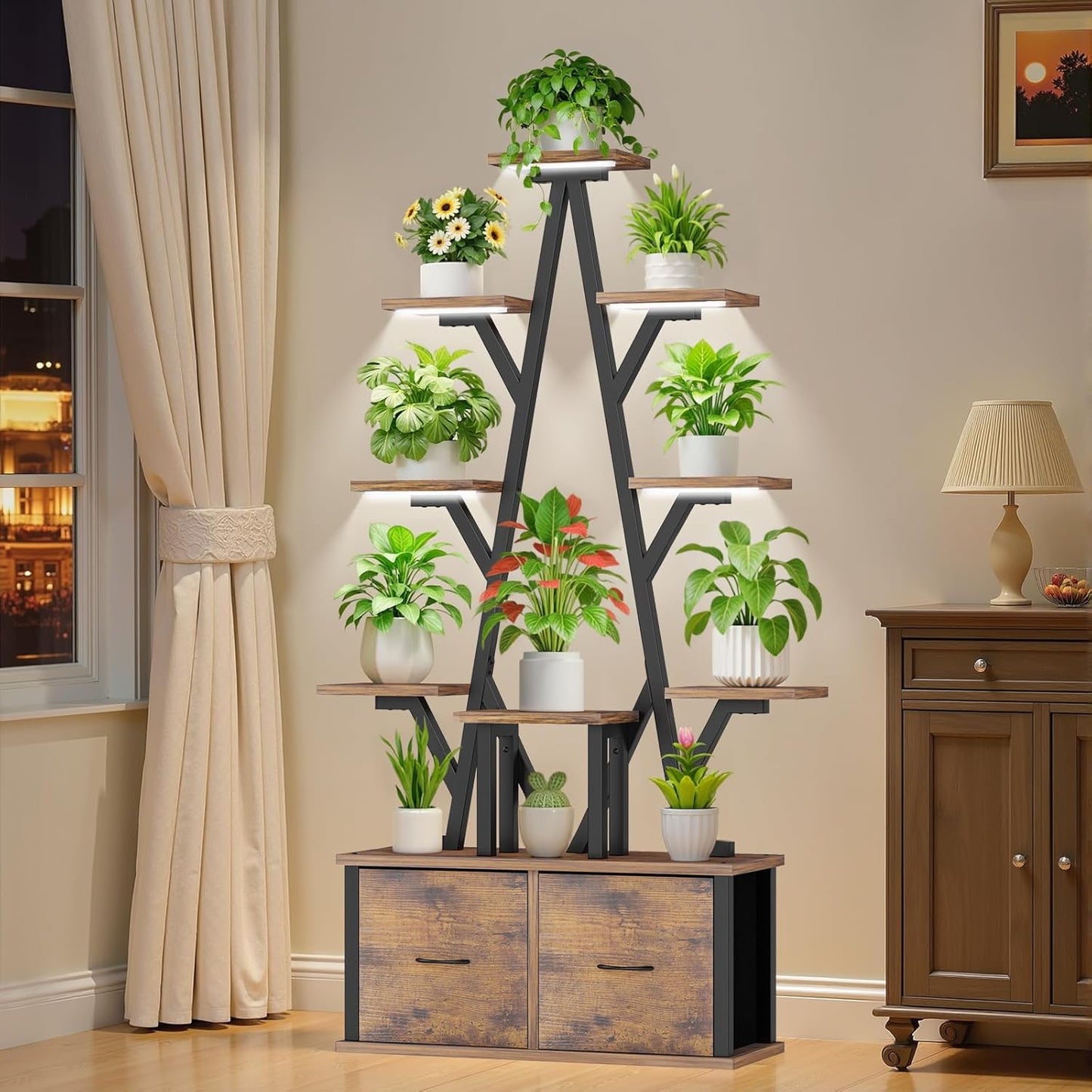 Plant Stand Indoor with Grow Lights - 10 Tiered Plant Shelf with 2 Removable Drawers, 65" Tall Plant Shelf with Grow Light Holds 13 Pot Plants, Christmas Tree Shaped Plant Stand for Home, Living Room