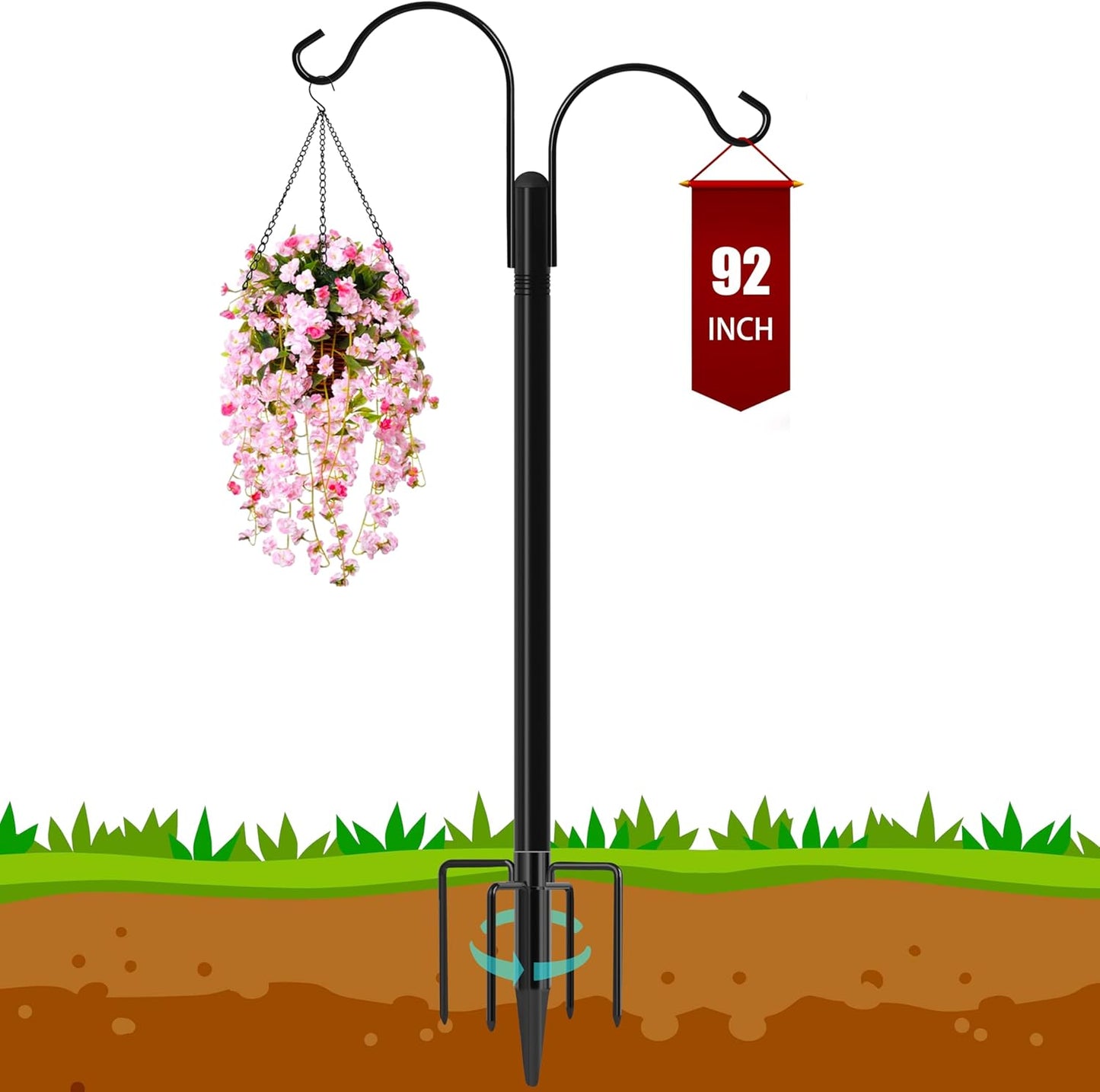 Ottsuls Double Shepherds Hooks for Outdoor, 92 Inch Bird Feeder Pole with 5 Prong Base, Upgrade 1 INCH Thick Heavy Duty Planter Hook for Hanging Baskets, Lantern,1 Pack