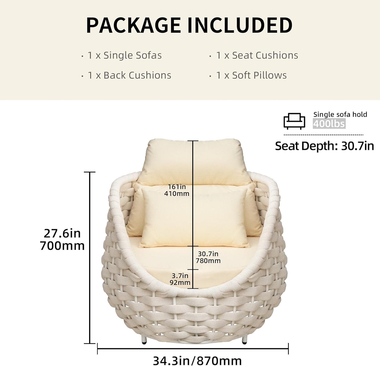 TWT 6 Pieces Patio Sofas, All-Weather Olefin Rope Balcony Furniture with Cushions & Pillows, Patio Couch Outdoor Patio Furniture Set for Indoor, Balcony, Backyard, Deck, Poolside, Cream