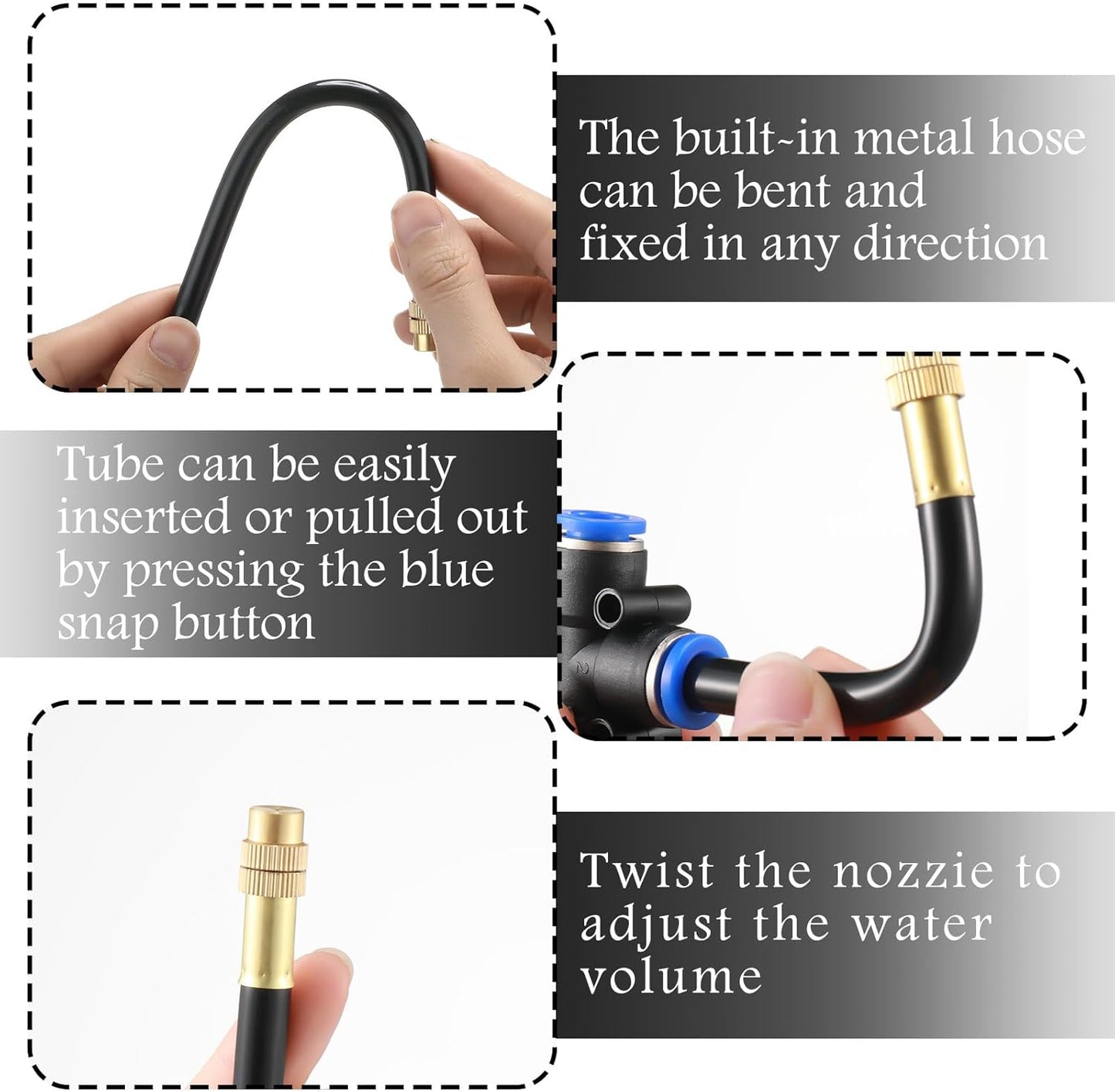 Zonon 10 Pcs Brass Misting Nozzles Tee with 8 Inch Built in Hose 360 Degree Rotation Adjustable Water Mister Nozzles Thread Sprayer 0.043" Misting Parts and Accessories for Patio Outdoor Cooling