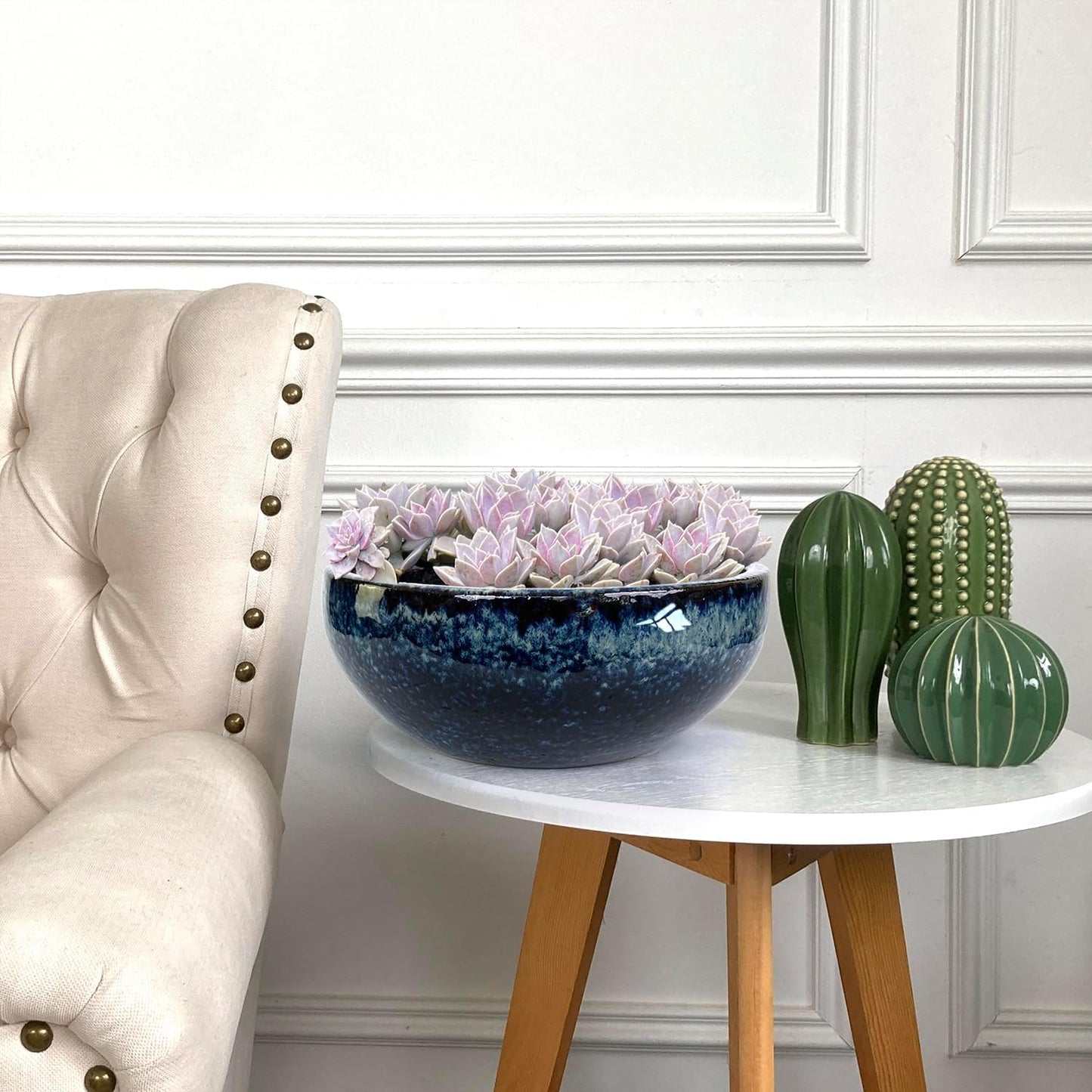 11 9 7 Inch Succulent Pot with Drainage and Mesh Pads Large Round Ceramic Plant Pot for Indoor Outdoor Plants Succulent Planter Cactus Bonsai Pot Container Set of 3 (Blue)