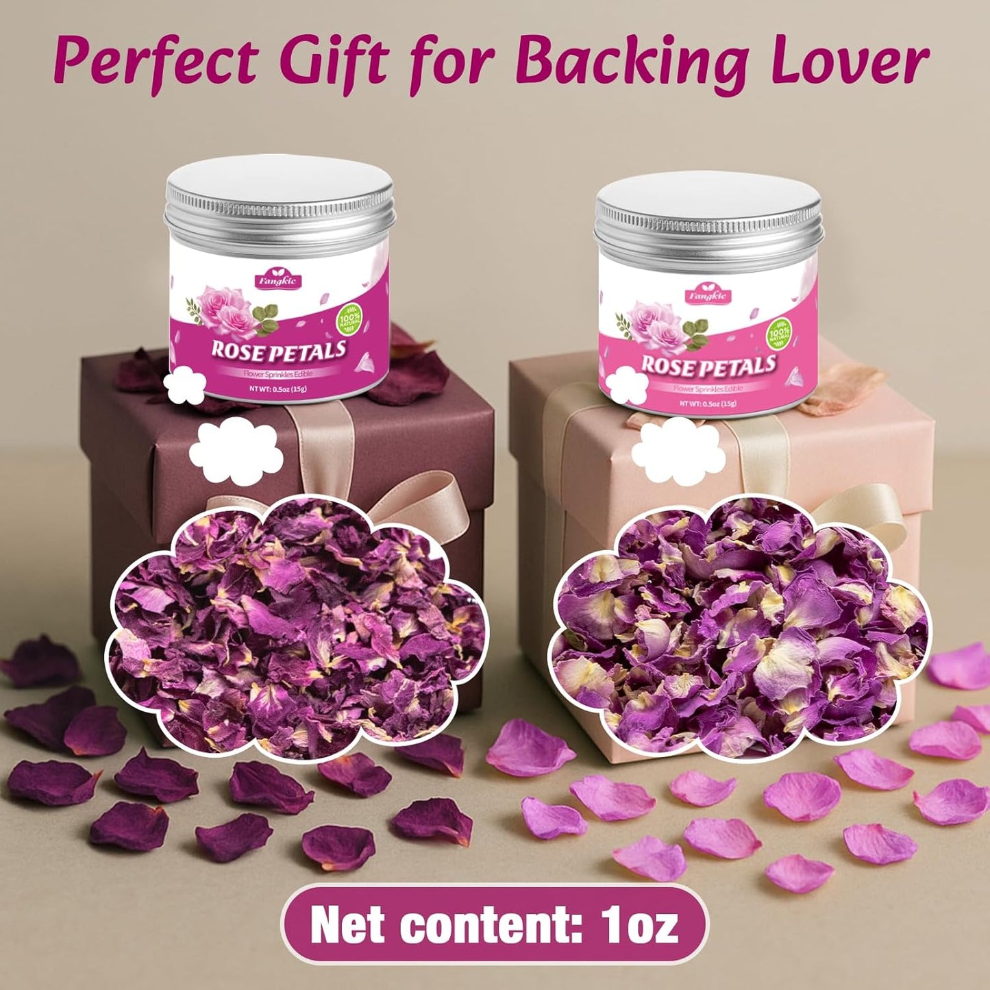 Fangkic Edible Rose Flower Petals for Cake, 2-Pack-0.5oz Each, 3AAA Food Grade Dried Double rose and Damascus Rose Flower Sprinkle for Baking, Cocktails, Tea, Soap –Gluten-Free, No Additives