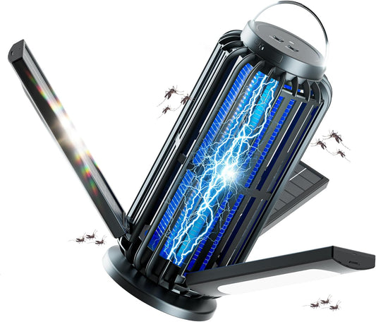 Bug Zapper, Solar Bug Zapper with 3 Solar Charging Panels, IP65 Waterproof Mosquito Zapper, 4200V Mosquito Zapper with LED Light, Outdoor Indoor AUTO ON/Off