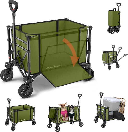 Collapsible Wagon Cart with Wheels 220lbs Foldable Wagon 120L Shopping Cart for Groceries Folding Utility Wagon for Beach, Garden, Camping, Sport, Wheelbarrows, Green