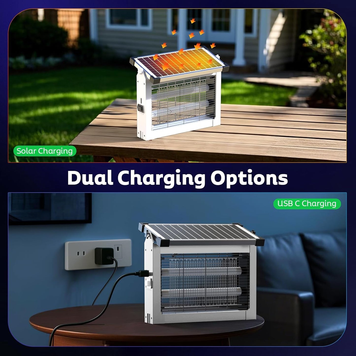 Solar Bug Zapper Outdoor, Mosquito Zapper Waterproof Electric Fly Zapper Rechargeable Mosquito Killer Lamp with 10W Solar Panel, 4500V Cordless Fly Trap for Backyard, Patio, Garden, RV, Camping