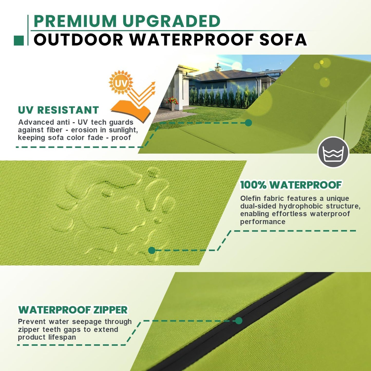 jela Outdoor Chaise Lounge, Waterproof Folding Sofa Bed Lounge Chair, UV Resistant Folding Lounge Chair with Machine Washable Cover, Soft Foam Patio Sofa Chairs Pool Lounge Chaise Chairs (Green)