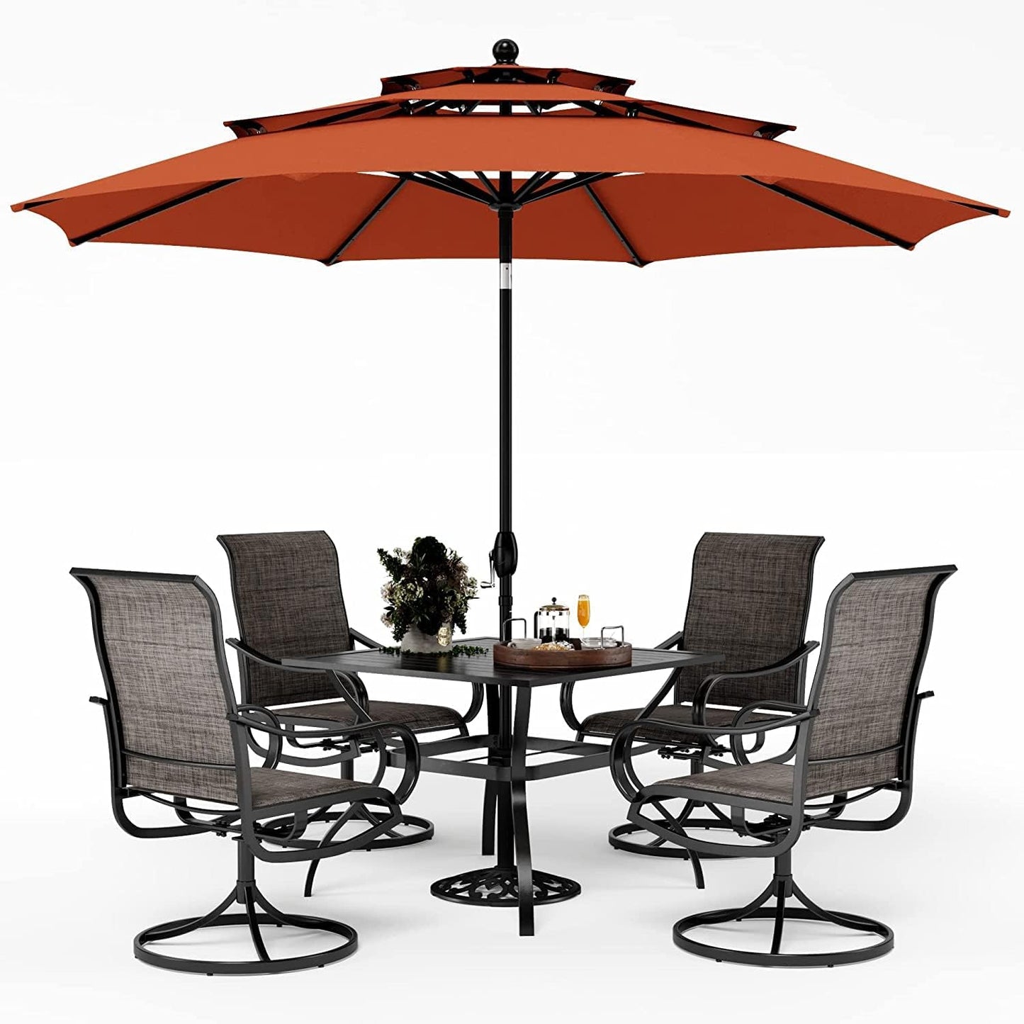 PHI VILLA Patio Dining Set with Umbrella for 4, Outdoor Table & Chairs Set with 4 Padded Swivel Patio Dining Chairs, 1 Metal Dining Table and 10ft Orange Red Large Patio Umbrella (No Umbrella Base)