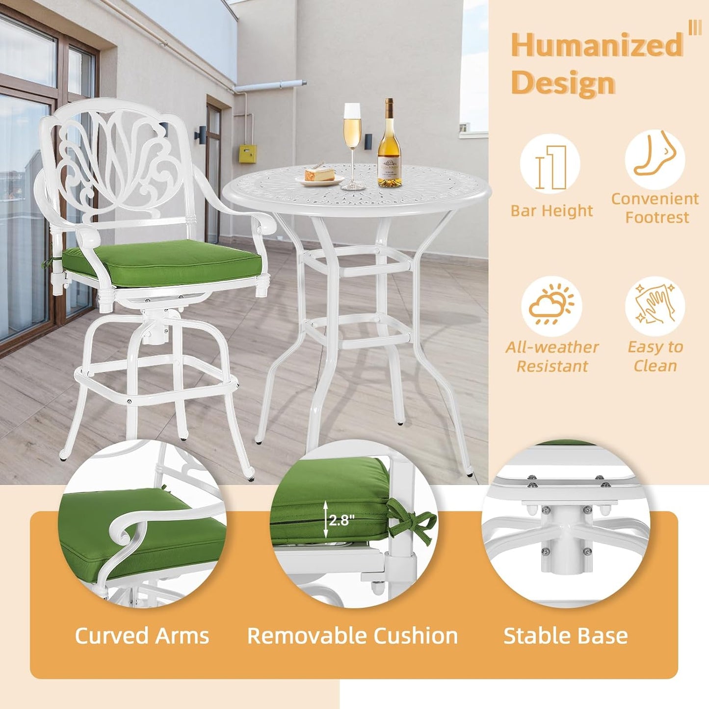 3 Pieces Patio Swivel Bar Set, Patio High Top Bar Table and Chairs Set, All-Weather Cast Aluminum High Swivel Bar Stools Chair Set of 2 and 35.4" Table, Patio Bistro Set for Garden,White