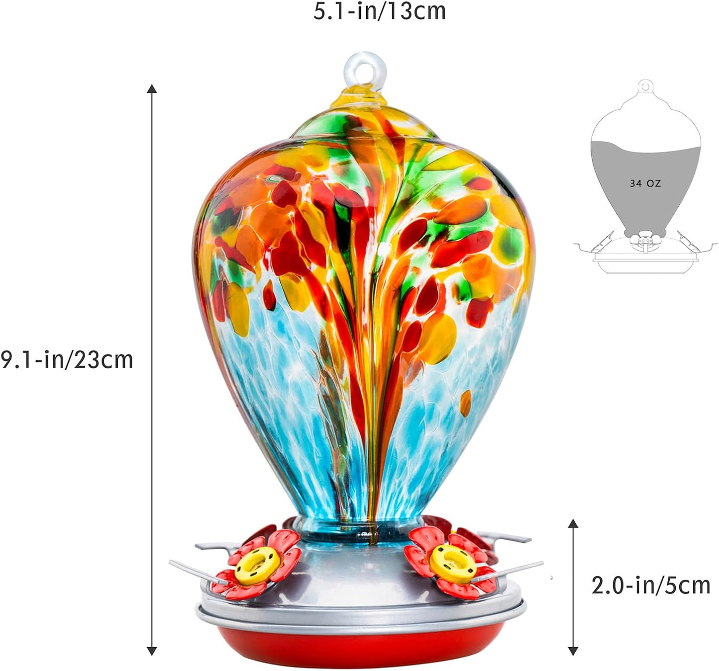 2 Packs Hummingbird Feeder for Outdoors Hanging Ant and Bee Proof, 32OZ & 34OZ, Hand Blown Glass Hummingbird Feeders for Outside, Blue & Teal