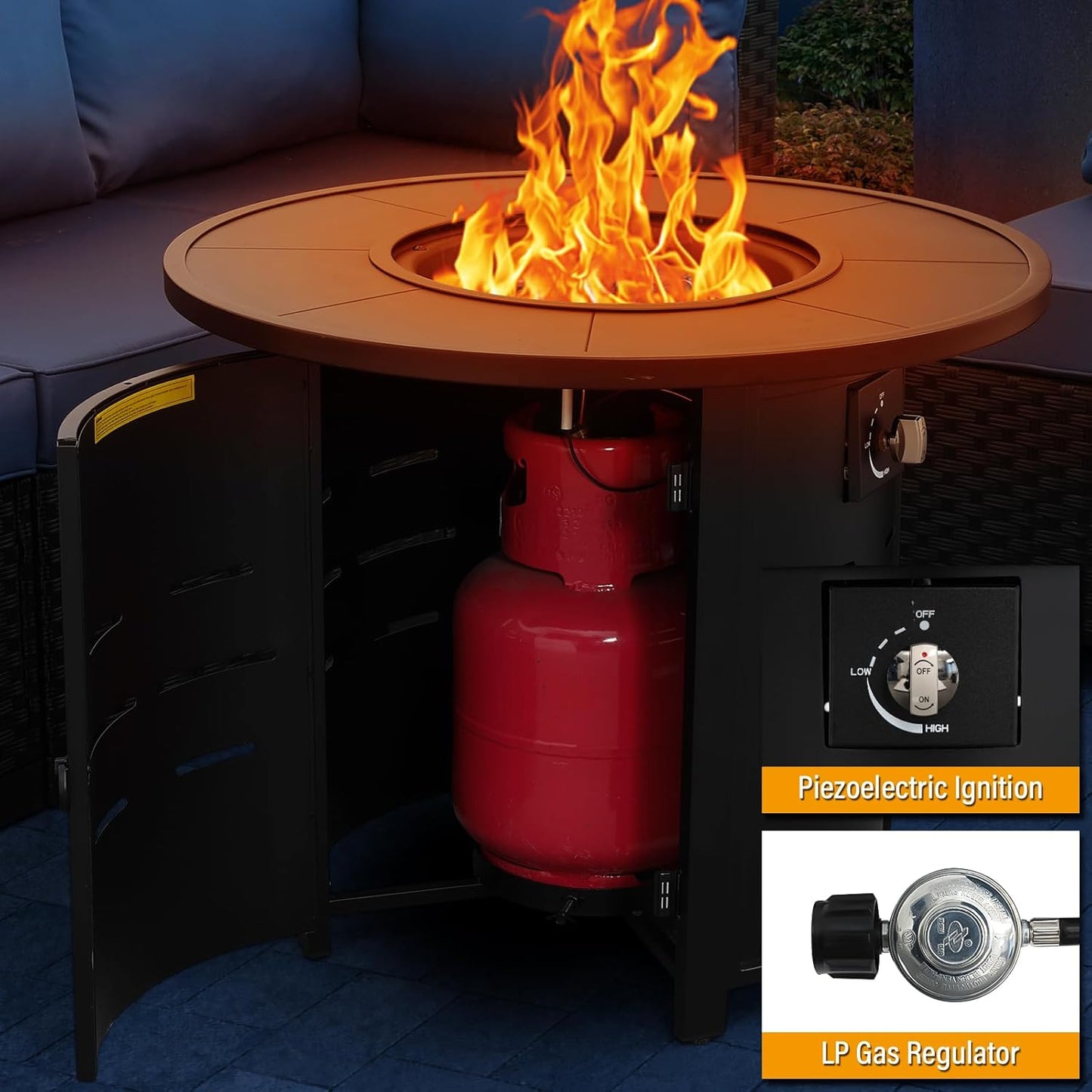 30 Inch Fire Tables Round Tabletop 50000 BTU Outdoor Fire Pits for Outside Steel Gas Fire Table with Fire Pit Lid Waterproof Cover, Black