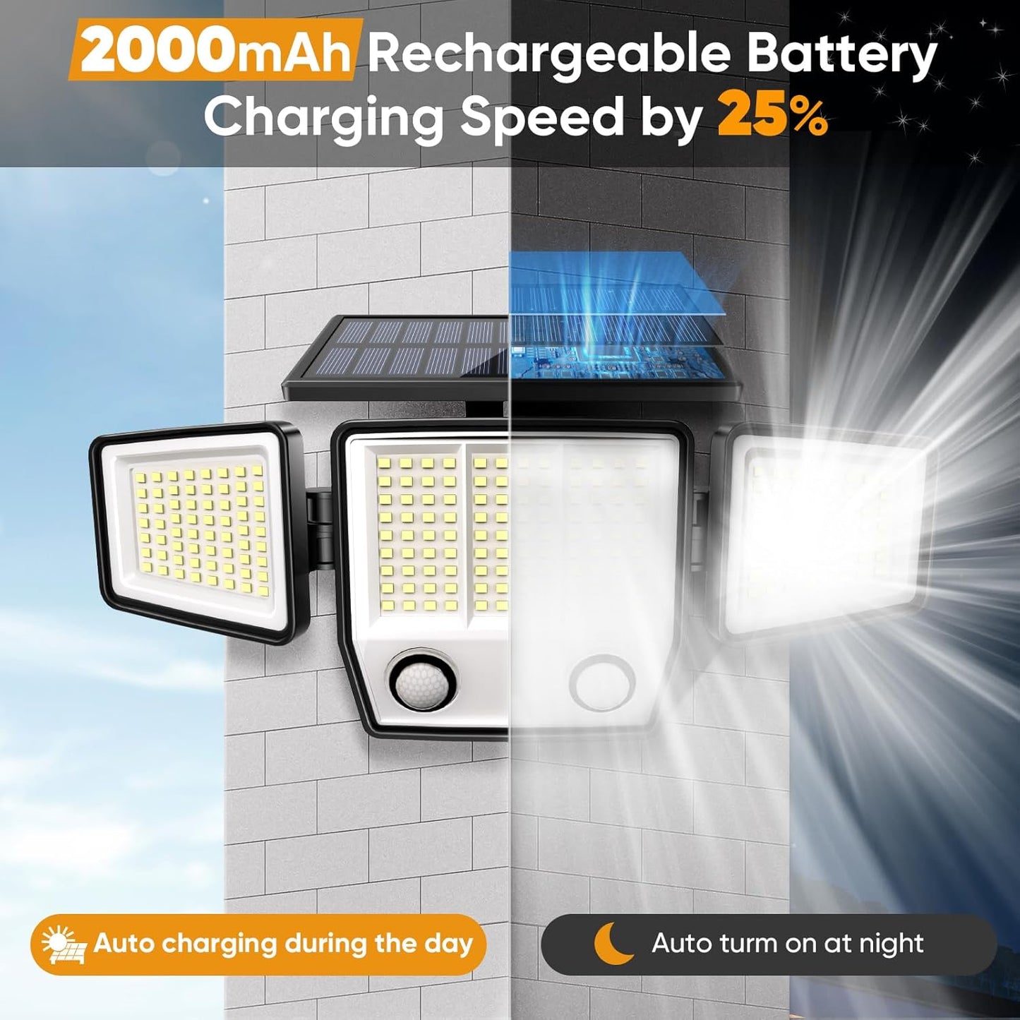 Solar Motion Sensor Outdoor Lights Waterproof - 3000LM 3 Modes Solar Security Lights Outdoor 270° Illumination IP65 LED Flood Wall Light for Garden Yard Patio Pathway (1Pack)