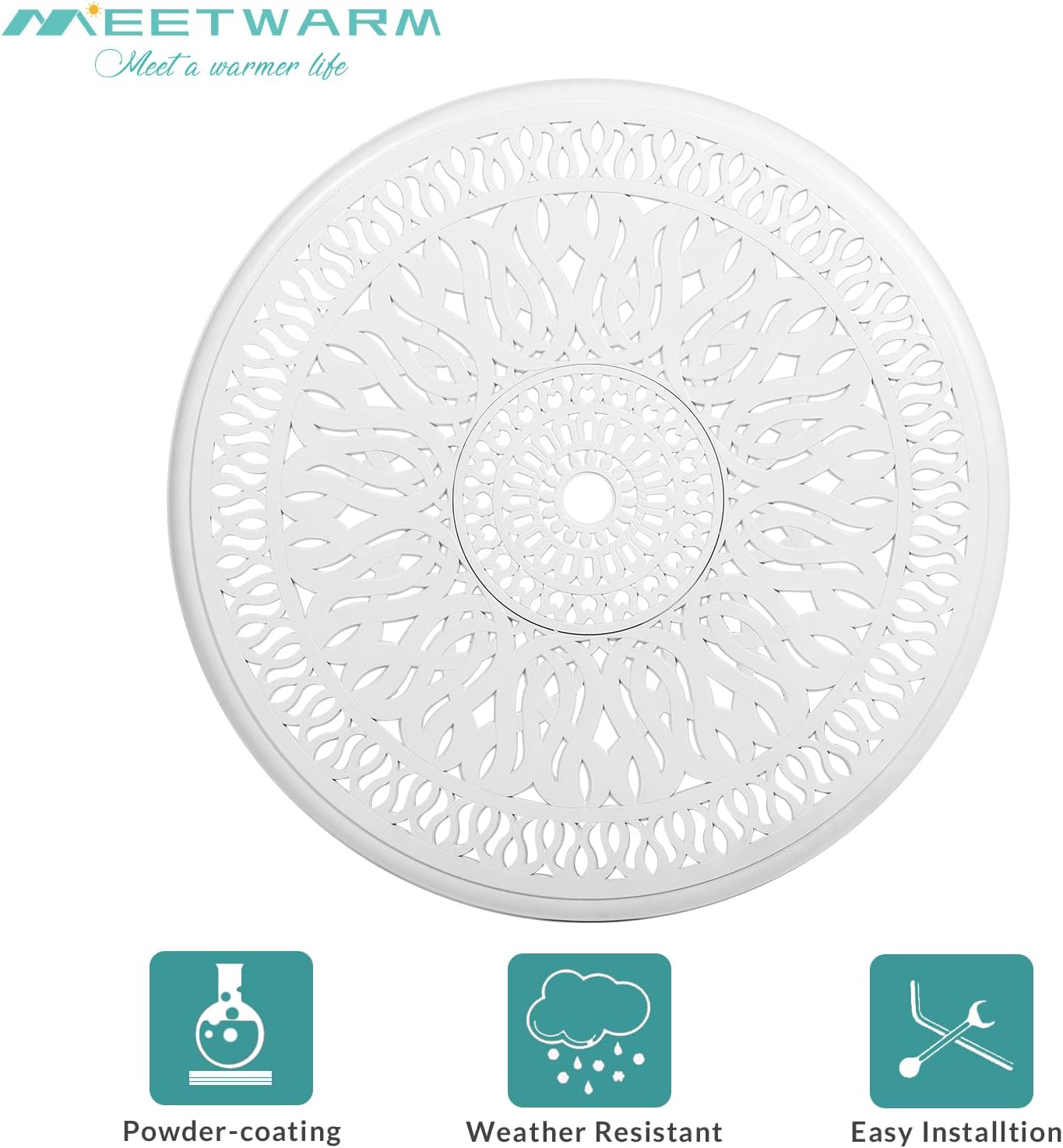 MEETWARM 3 Piece Patio Bistro Set, Outdoor All-Weather Cast Aluminum Dining Furniture Set Includes 2 Cushioned Chairs and a 35.4” Round Table with Umbrella Hole for Garden Deck, White