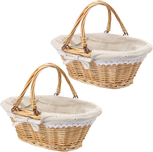 2 Pack 12.6 Inch Natural Wicker Basket with Linen Cotton Cloth Lining, Oval Wicker Woven Basket with Handle, Willow Woven Picnic Baskets for Picnic, Camping, Party(Small)