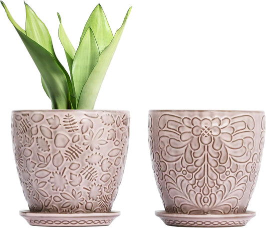6 Inch Retro Ceramic Planter Set of 2 with Drainage Hole and Saucer for Plants, Indoor-Outdoor Garden Pots for Succulent, Orchid, and Flower (Fits Inner Pots Up to 5 Inches, Retro Peach)