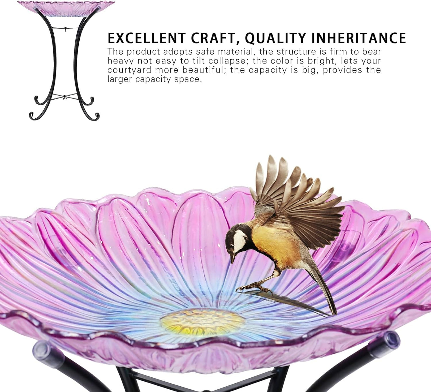 MUMTOP Outdoor Glass Birdbath with Metal Stand for Outside Yard Garden Decor, 18 inch Diameter Pink Bird Baths Bowl for Outdoors, 21 inch Height