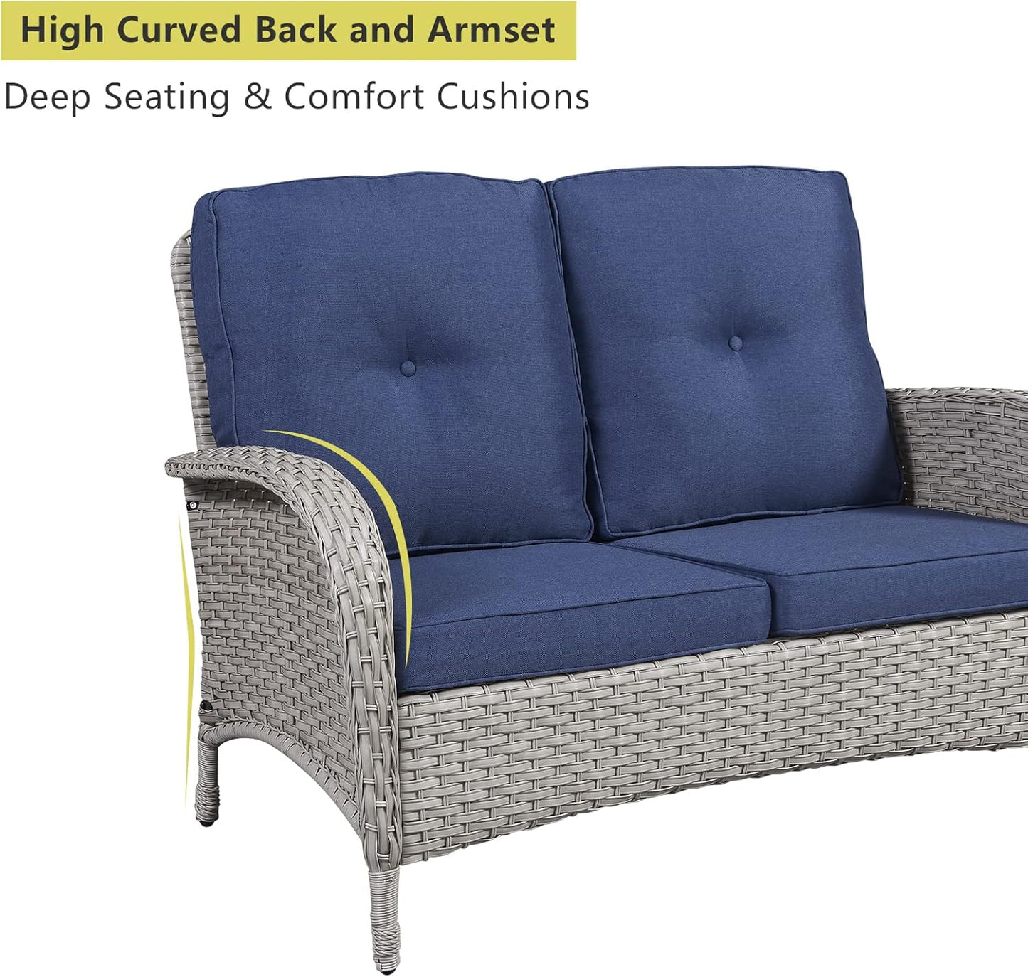 HUMMUH 5-Piece Patio Furniture Wicker Outdoor Conversation Set,All-Weather Rattan Swivel Chairs Bistro Set with Loveseat Coffee Table for Backyard,Poolside,Deck(Grey/Blue)