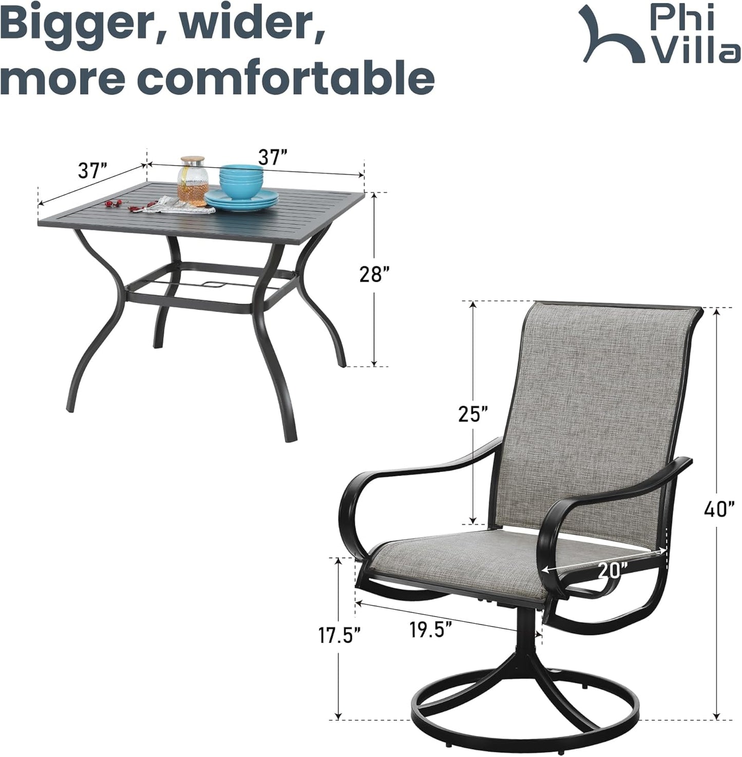PHI VILLA 5 Piece Patio Dining Set Clearance with 4 Swivel Dining Chairs & 1 Square Metal Dining Table with 1.57 inches Hole, for Outdoor Kitchen Lawn & Garden Black Coated