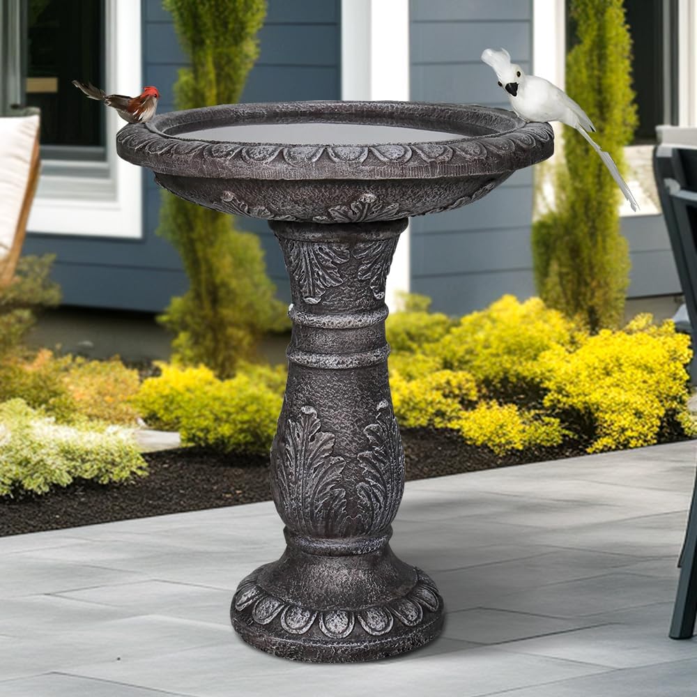 watnature 24.4" H Cement Bird Bath for Garden- Fibre Reinforced Concrete Bird Baths for Outdoors, Large Size Vintage Carved Pedestal Birdbath for Patio, Yard, Lawn -20”Dia. X 24.4”H Bird Fountain