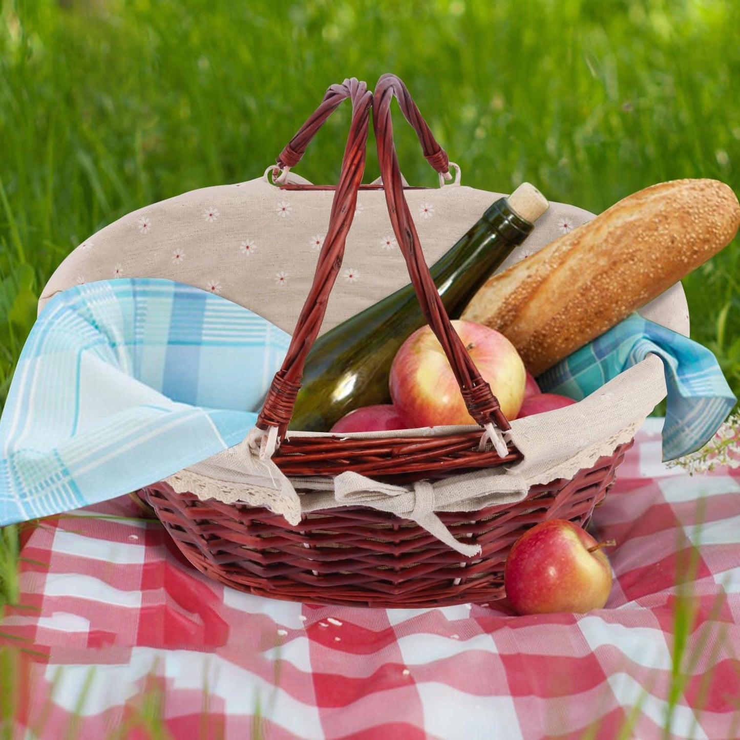 Large Wicker Basket with Handle, 14.2 x 11 x 6.7 inch Wicker Picnic Basket with Liner, Empty Gift Basket, Oval Willow Woven Basket for Fruit, Candy, Wine, Gathering, Wedding, Picnic, by GNIEMCKIN.