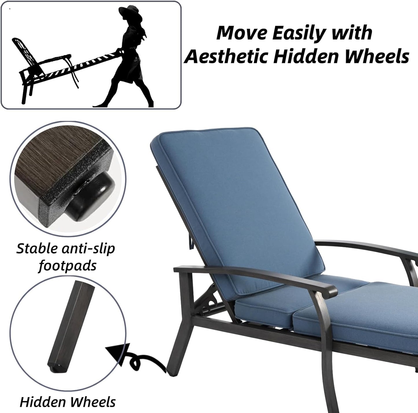 Outdoor Chaise Lounge with 5-Level Adjustable Backrest Set of 2, Durable Aluminum Patio Chair with Waterproof Cushion & Wheels for Garden, Poolside, Blue