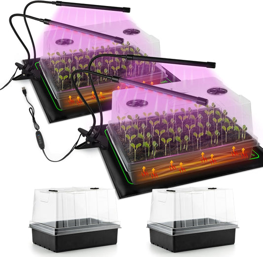 4-Pack Seed Starter Kit with Adjustable Grow Lights & 2 Heat Mats – 5'' Humidity Domes for Indoor Plants, Vegetables, Seedlings, Full Spectrum 20W, 4000K LED Light and Germination Tray with Vents