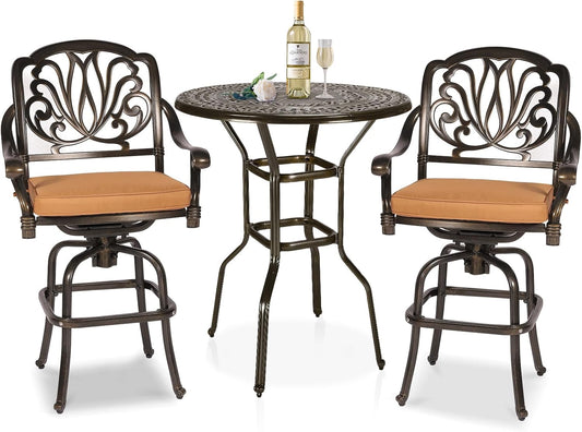 3 Pieces Patio Swivel Bar Set, Patio High Top Bar Table and Chairs Set, All-Weather Cast Aluminum High Swivel Bar Stools Chair Set of 2 and 38.5" Table, Patio Bistro Set for Garden,Balcony