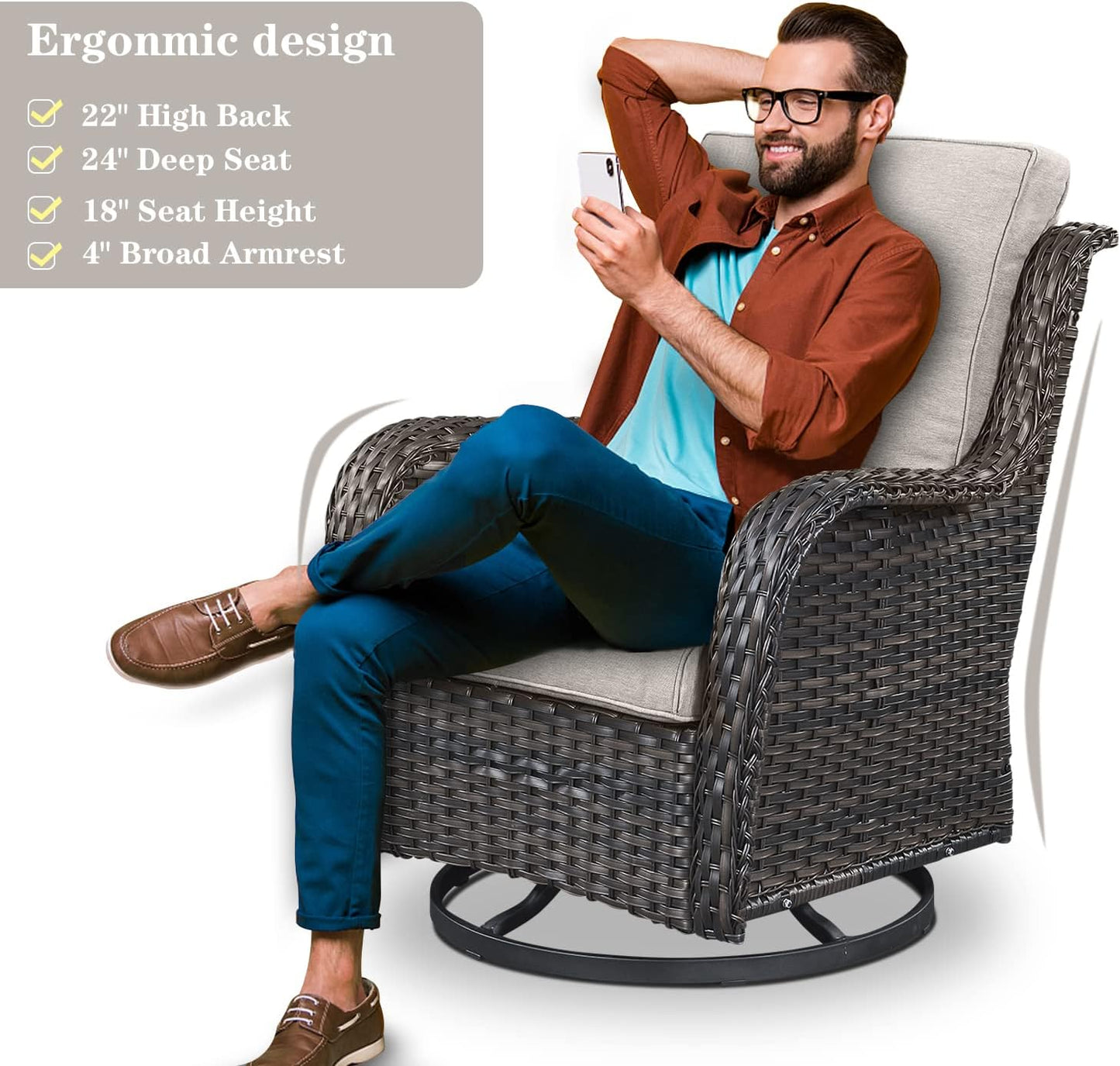 Outdoor Patio Furniture Set with 50000BTU Propane Fire Pit Table, 4 Pieces Wicker Patio Conversation Set with 2 Swivel Rocker Glider Chairs Rattan Sofa Blue Cushion Perfect for Casual Gathering