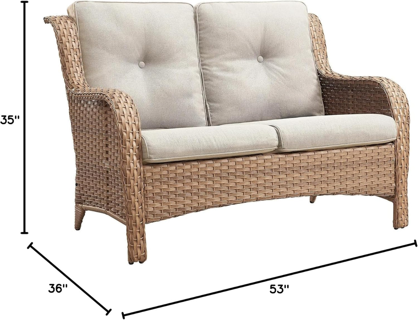 Outdoor Loveseat Patio Couch - 500 Lbs Weight Capacity Wicker Loveseat with High Backrest Wide Armrest, Small Patio Furniture Rattan 2 Seater Sofa for Balcony Deck Proch Poolside Yellow