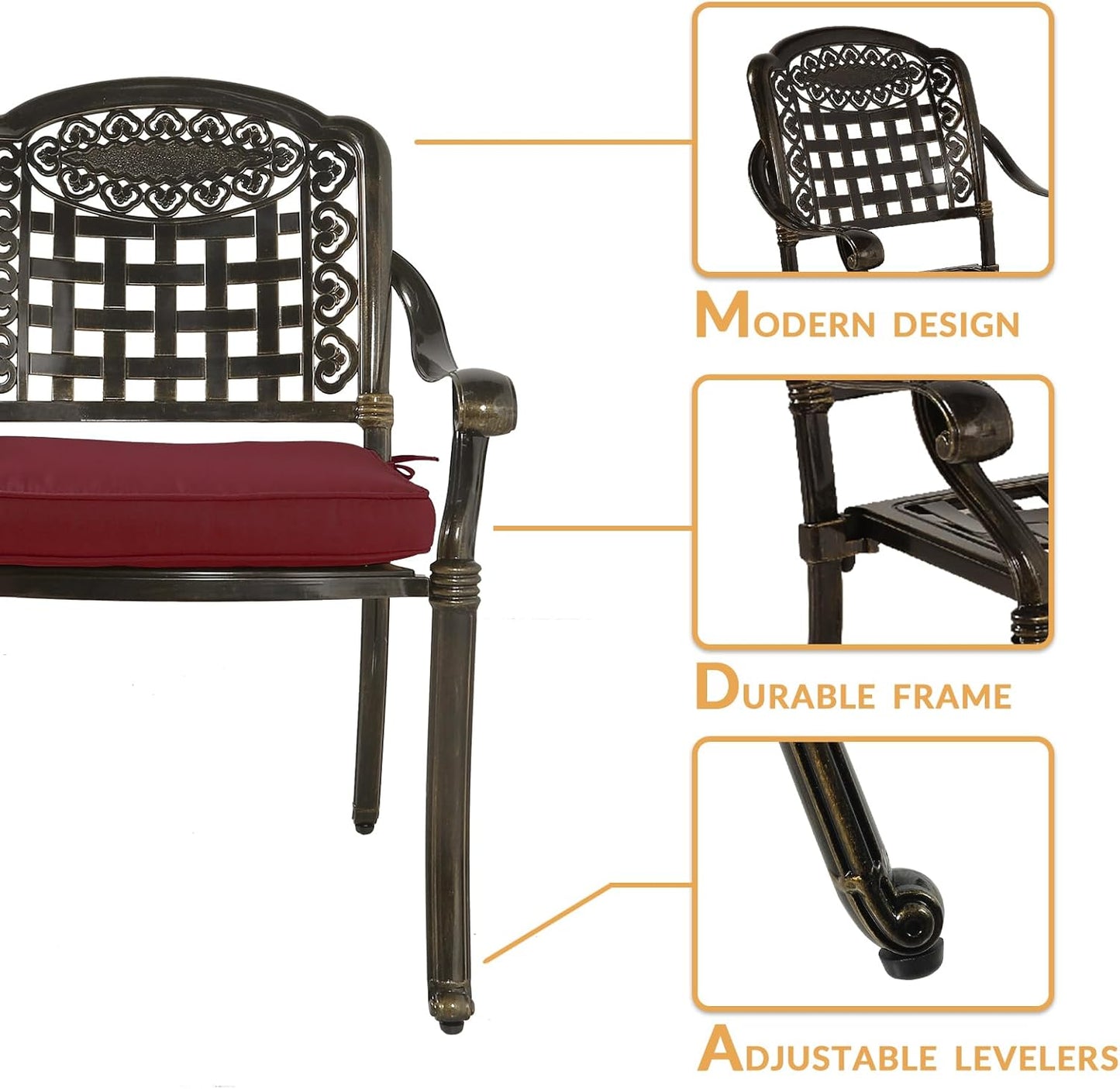 3-Piece Outdoor Patio Dining Set, All-Weather Cast Aluminum Patio Furniture Set for Backyard Garden Deck with 2 Cushioned Chairs and 31” Round Table, 2" Umbrella Hole, Chili Red