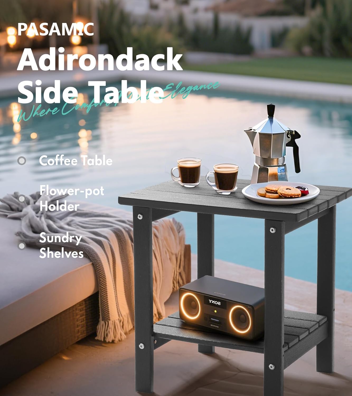 PASAMIC 2-Tier Adirondack Square Side Table, 17" HDPE Outdoor Side Tables, Weather Resistant End Table for Patio, Backyard, Pool, Indoor Companion, Beach, Easy Maintenance (Gray)