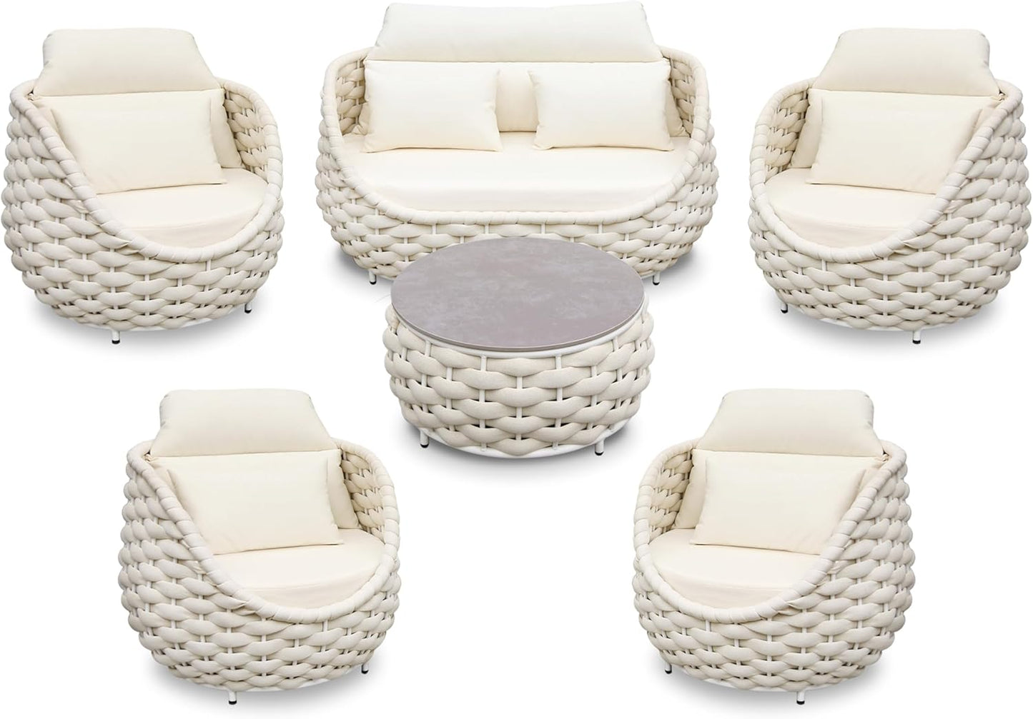 Sunroom Furniture Sets: 6 Pieces Aluminum Woven Rope Patio Conversation Sofa Set Cushioned - Modern Outdoor Couch Set No Assembly - Armchair Set Porch Deck Garden Poolside Gazebo Hotel - Beige