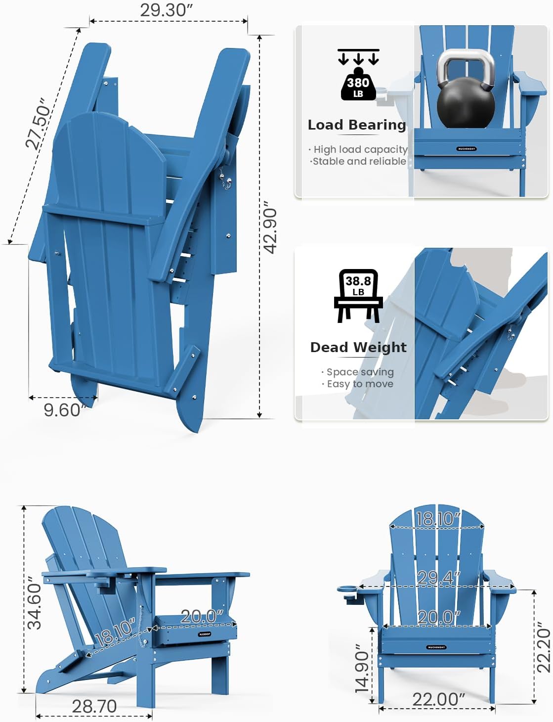 MUCHENGHY Folding Adirondack Chairs HDPE Weather Resistant 4 Pack, Patio Firepit Chairs, Sturdy Outside Chair, Lawn Chairs, 15min Assembly 380lb, Royal Blue