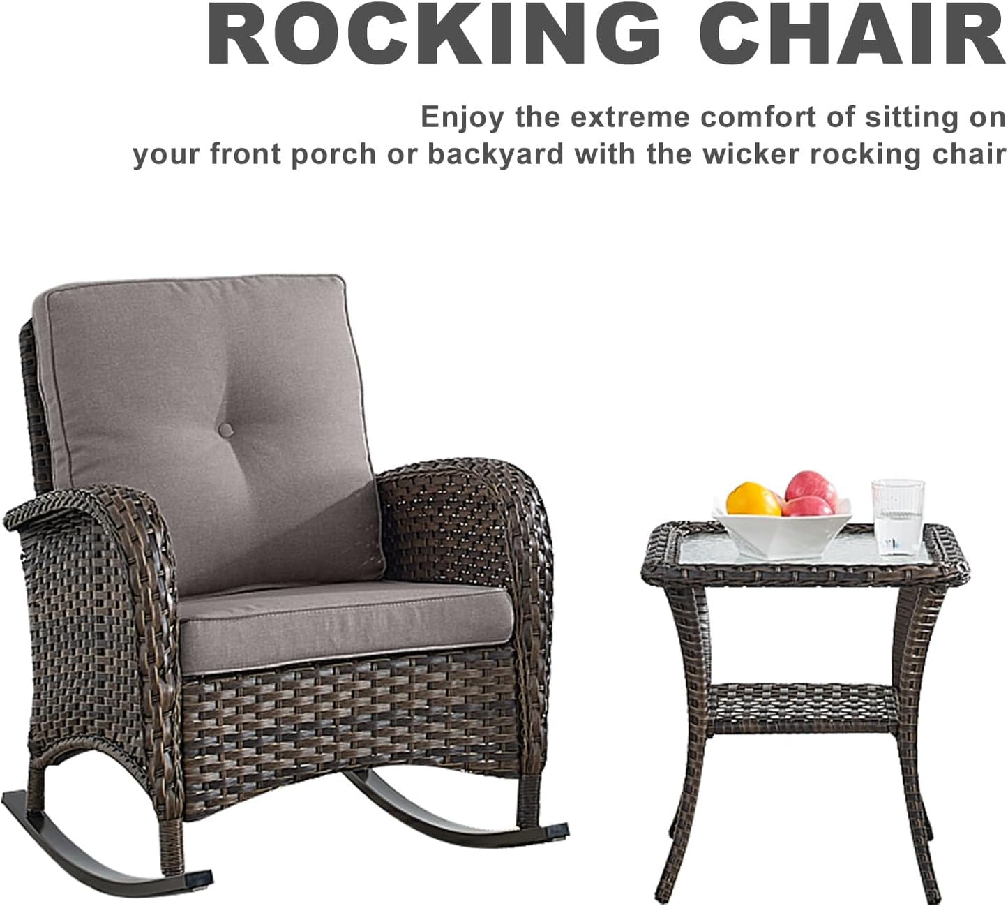 HUMMUH 5-Piece Outdoor Patio Furniture PE Wicker Patio Conversation Set,All-Weather Outdoor Rocking Chairs with Patio Couch Tables for Backyard,Poolside,Deck