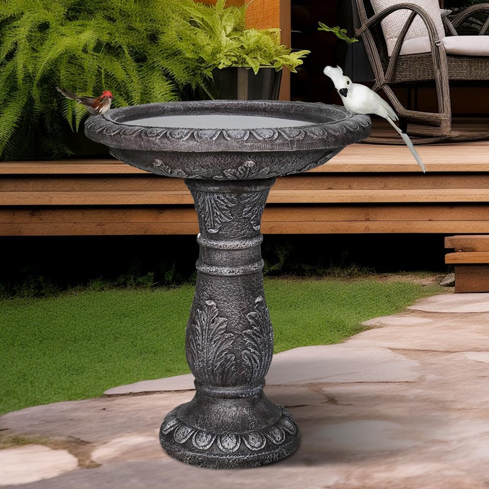 24.4" H Cement Bird Bath for Garden- Fibre Reinforced Concrete Bird Baths for Outdoors, Large Size Vintage Carved Pedestal Birdbath for Patio, Yard, Lawn -20”Dia. X 24.4”H Bird Fountain