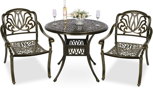 MEETWARM 3 Piece Patio Bistro Set, Outdoor All-Weather Cast Aluminum Dining Furniture Set Includes 2 Chairs and a 35.4” Round Table with Umbrella Hole for Garden Deck