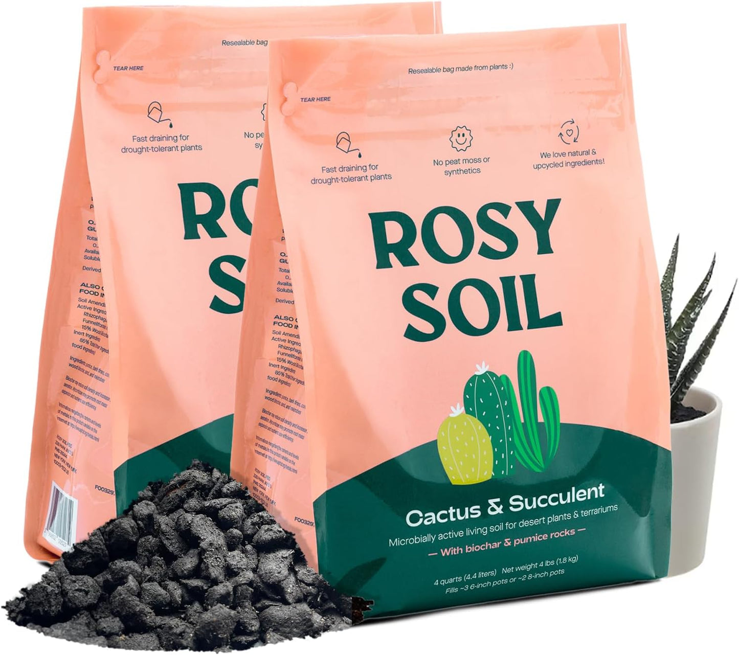 Rosy Soil Cactus and Succulent Potting Soil Mix for Houseplants - Fast Draining Organic Potting Soil for Succulents, AloeVera, Indoor Plant - Root Boosting for Drought Tolerant Growth, Pack of 2