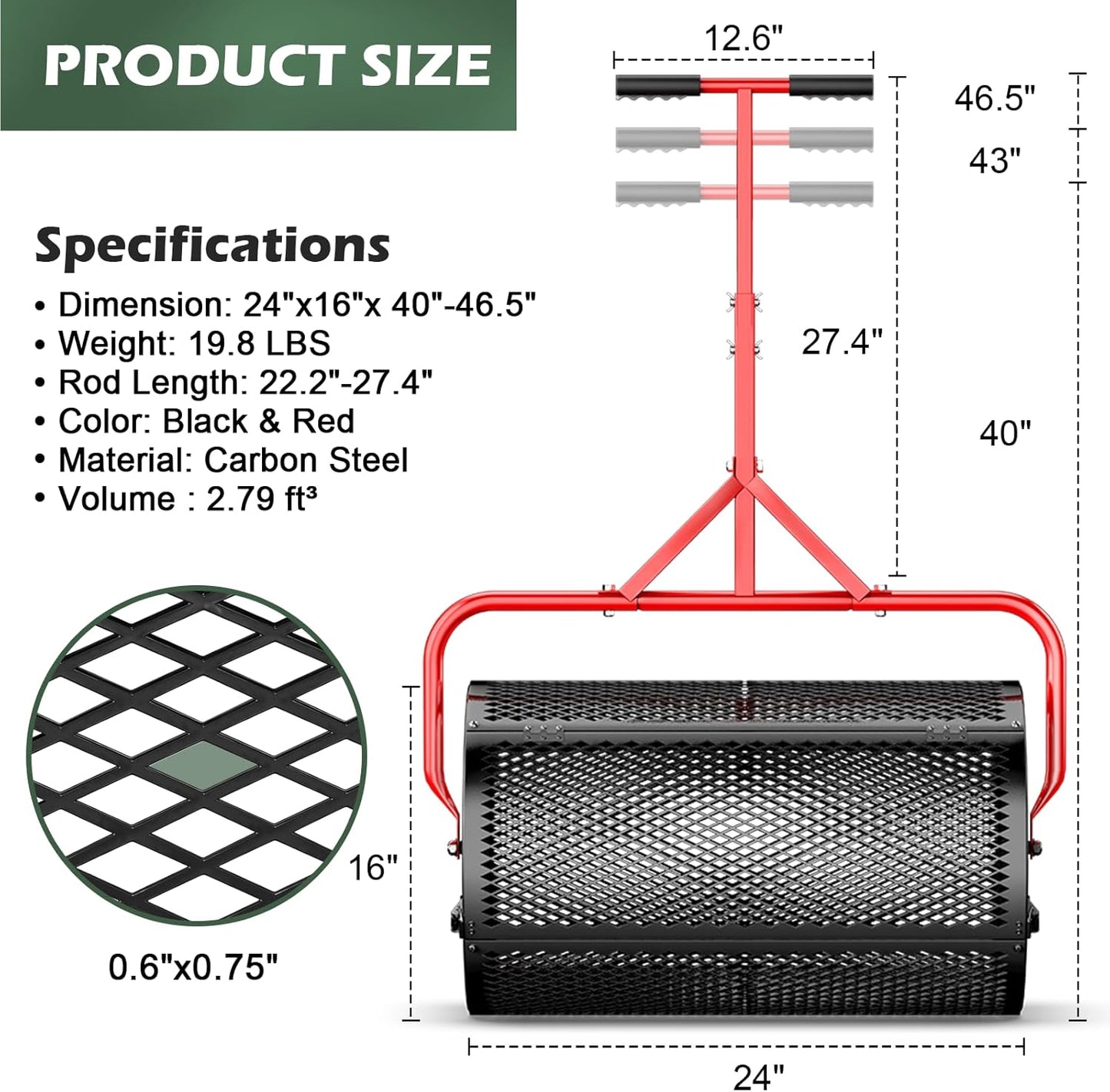 Compost Peat Moss Spreader for Lawn, 24 Inch Compost Roller Spreader with Adjustable T-Shaped Handle, Upgraded Side Clasps, Durable Lightweight Metal Roller, Lawn Garden Yard Care (Black)