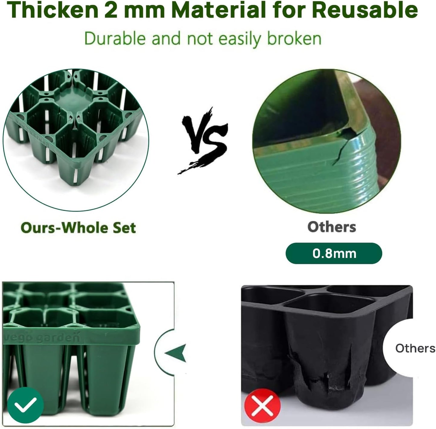 Vego garden Standard Seedling Trays Without Lids, 16 Pack for Seedlings Reusable Propagator Growing Starter Tray, Germination Trays Kit for Greenhouse/Garden (8-Cell per Tray)