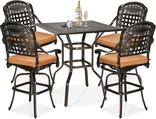 5 Pieces Patio Swivel Bar Set, Patio Bar Table and Chairs Set, All-Weather Cast Aluminum Outdoor Swivel Bar Stools of 4 and 35.4" Square Bar Table, High Top Bistro Set for Deck, Pool, Garden