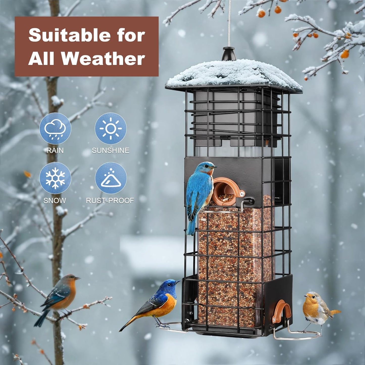 Squirrel Proof Bird Feeder - Metal Outdoor Design with 4 Feeding Ports, Wild Bird Feeders for Outside, 2.5lb Large Capacity, Ideal Gift for Bird Lovers
