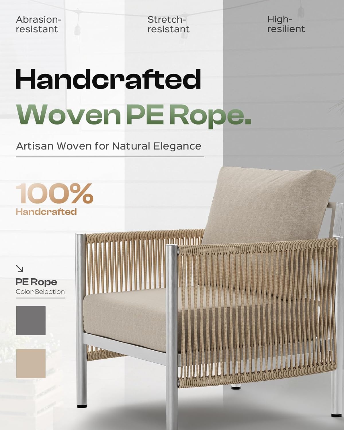 Aluminum Outdoor Patio Furniture Set, HDPE Rope 5 Piece Modern Sectional Conversation Sets with Dual-Layer Coffee Table, All Weather Patio Couch Set with Thick Cushions, Silver Frame, Beige