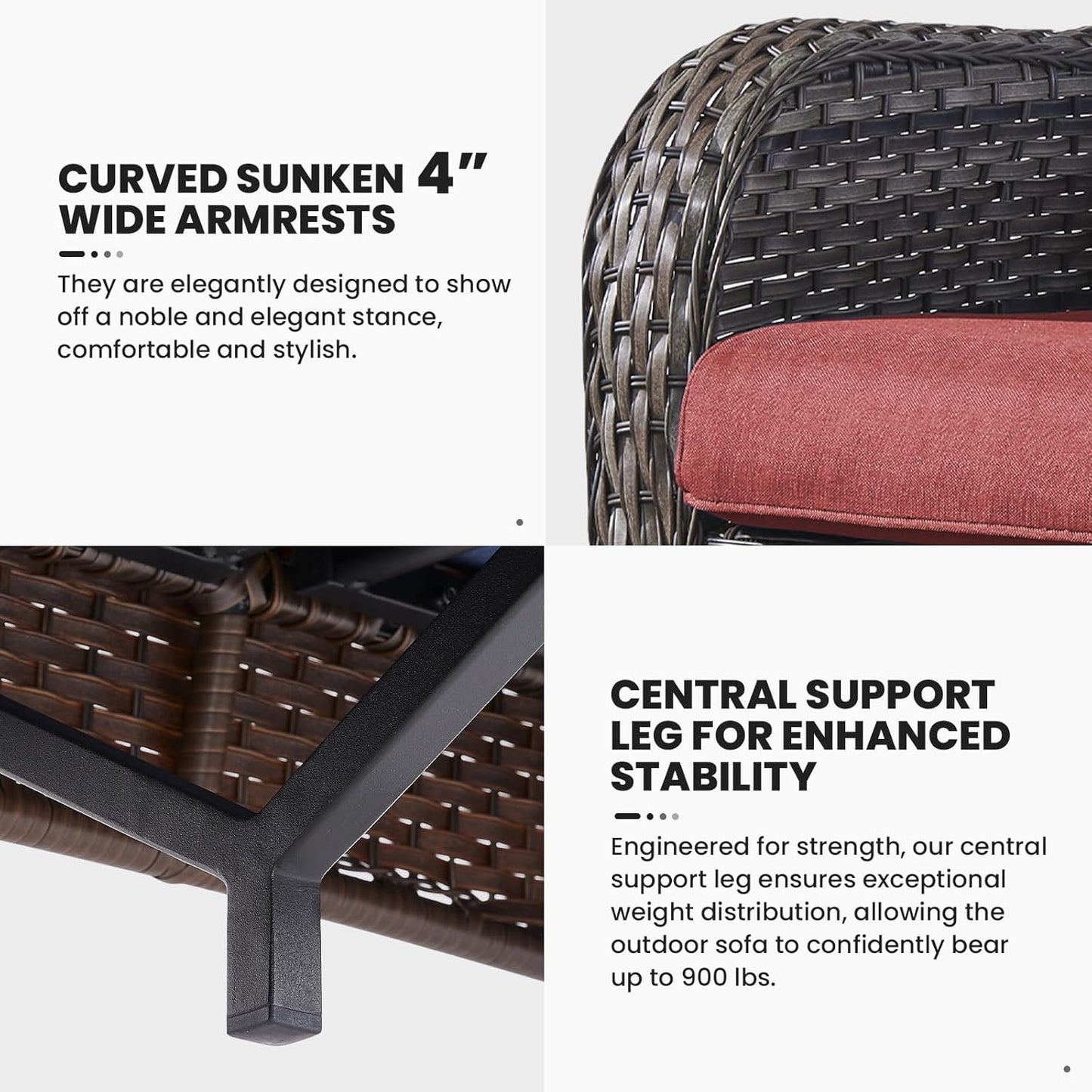 Outdoor Couch Wicker Patio Sofa - 75Inch Rattan Sofa with Hight Backrest Wide Armrest, All Weather Outdoor 3 Seater Seating Wicker Couch for Balcony Proch Deck Backyard Grey/Red