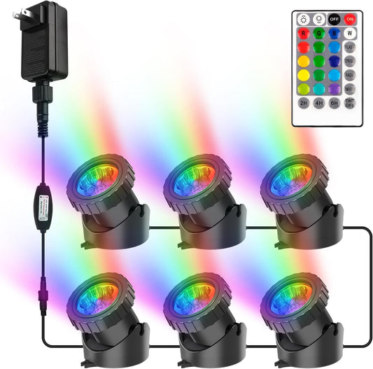RGB Pond Lights with Timer, LED Underwater Submersible Colorful Landscape Spotlights, 98ft Remote Control IP68 Waterproof Fountain Lights for Fish Aquarium Tank Garden Yard Pool (Set of 6)