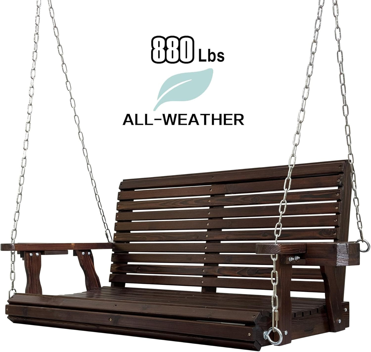 Wooden Porch Swing 2-Seater, High Backrest and Deep Seat, Bench Swing with Cupholders, Hanging Chains and 7mm Springs, Heavy Duty 880 LBS, for Outdoor Patio Garden (Deep Brown, 4.5 feet Extra-Large)