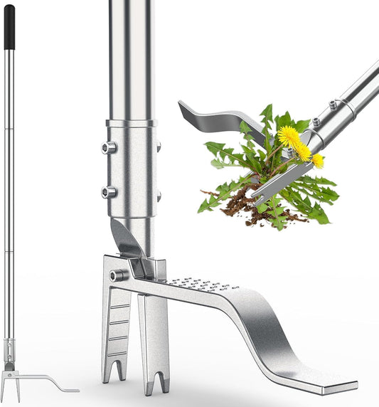 Stainless Steel Stand Up Weed Puller Tool with Long Handle, Thickened 304 Stainless Steel Foot Pedals & 2-Claw Head, Weeding Weed Remove Tool for Lawn/Yard