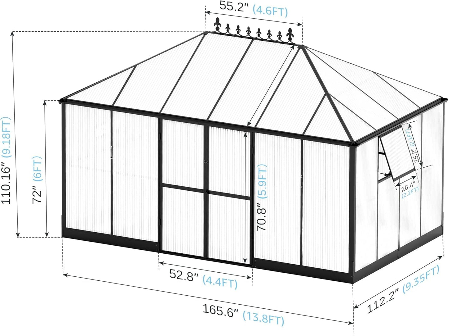 Jocisland 14x9.5x9 FT Polycarbonate Greenhouse- 6 FT Wall Height Outdoor Aluminum Greenhouses with 2 Ventilation and Rain Gutter, Double Doors with Hook, Walk-in Greenhouse for Backyard Garden