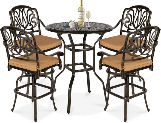 5 Pieces Patio Swivel Bar Set, Patio Bar Table and Chairs Set, All-Weather Cast Aluminum Outdoor Swivel Bar Stools of 4 and 35.4" Bar Height Table, High Top Bistro Set for Deck, Pool, Garden