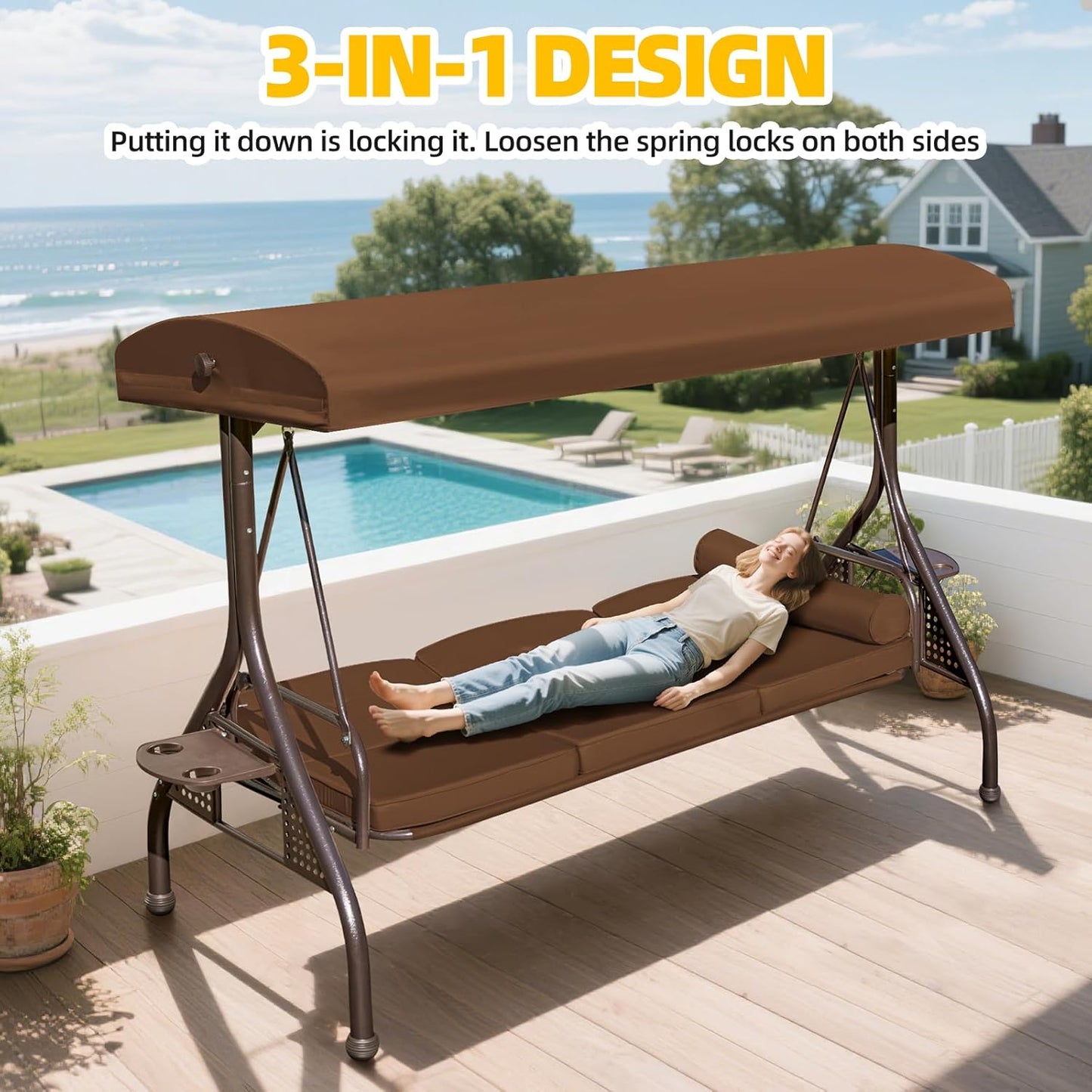 3-seat Patio Swing with Canopy,Convertible Outdoor Swing Bed with Thick Cushions, Pillows & Cup Holders, 3-Seat Outdoor Swings Chair for Backyard, Garden, Deck(Brown)
