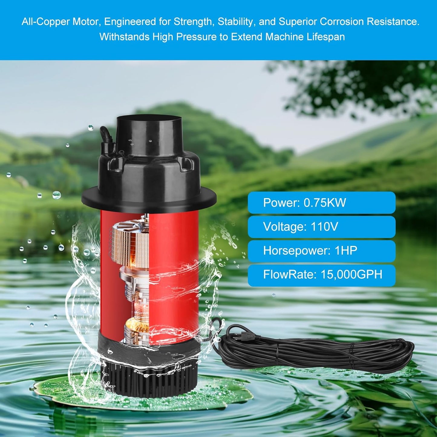 Pond Fountain Aerator 750W, 1HP 15000 GPH Automatic Floating Aerating Pump with Timer, 100FT Power Cord, 2 Spray Patterns, Energy-Efficient Water Circulation for Ponds & Lakes