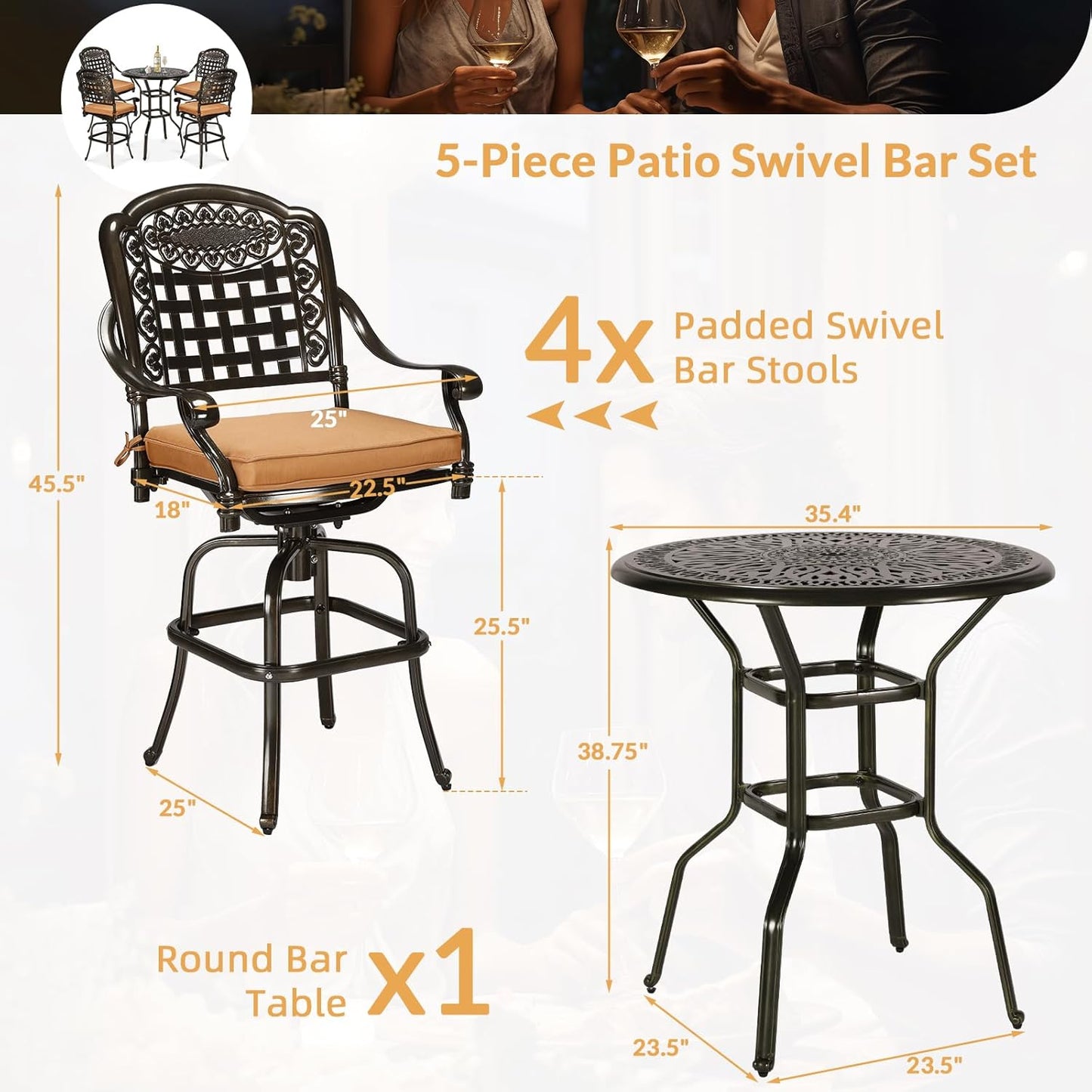 5 Pieces Patio Swivel Bar Set, Patio Bar Table and Chairs Set, All-Weather Cast Aluminum Outdoor Swivel Bar Stools of 4 and 35.4" Bar Table, High Top Bistro Set for Deck, Pool, Garden